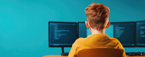 educational platform online idea. a young boy programming at a computer in a modern workspace.
