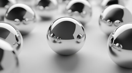 Aufkleber - Close-up of many shiny chrome spheres on a white background, with one in focus.
