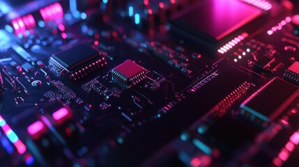 Wall Mural - neon circuit board: a close-up of technological innovation