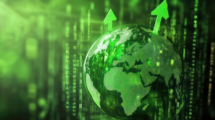 Leinwandbilder - Green Earth globe with upward arrows, digital code background, representing growth and technology.