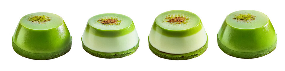 Wall Mural - Green dessert panna cotta variations with matcha topping isolated on transparent background