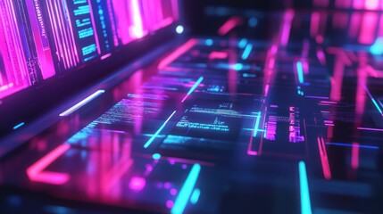 Wall Mural - neon cyberpunk digital landscape: futuristic tech interface