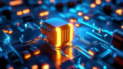 Fototapete - Glowing orange 'J' symbol on futuristic circuit board.
