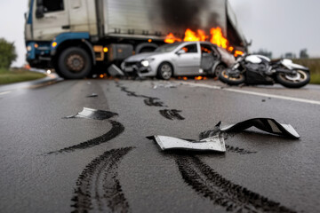 Wall Mural - Broken road signs and tire marks leading to the crash site involving various vehicles