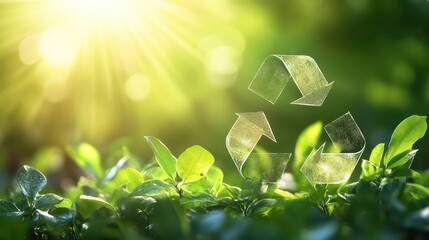 Poster - Recycling symbol above green plants with sunlight.