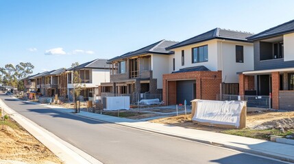 Poster - A suburban housing estate in progress, with completed homes on one side and active construction of new houses on the other.