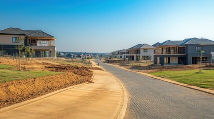 Poster - A suburban housing estate in progress, with completed homes on one side and active construction of new houses on the other.