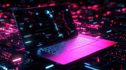 Wall Mural - neon cyberpunk laptop: digital world futuristic technology