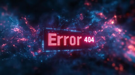 Fototapete - Glowing neon 'Error 404' message amidst digital particles.