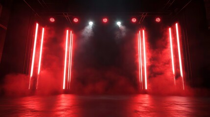Wall Mural - Red neon lights illuminate a smoky stage with spotlights.