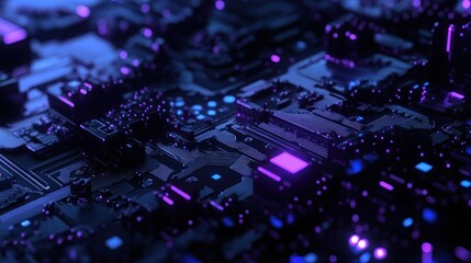 Wall Mural - abstract cyberpunk circuit board: glowing purple and blue digital landscape