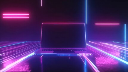 Wall Mural - cyberpunk neon laptop: futuristic digital landscape