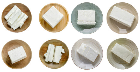 Wall Mural - Assortment of Feta Cheese Blocks on Wooden Plates