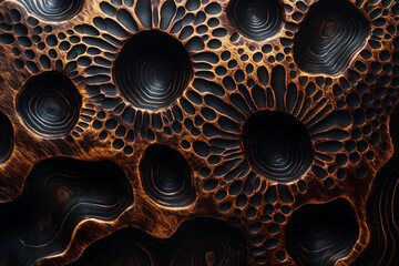 Intricately carved wooden surface with abstract patterns.