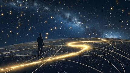 A person is walking on a path in the night sky