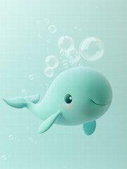 Canvas Print - Adorable cartoon whale swimming among bubbles. AI.