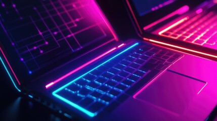 Wall Mural - neon glow laptops: digital cyberpunk aesthetic