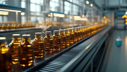 Poster - Bottles moving along a production line. AI.