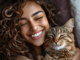 Poster - Happy woman cuddling a cat. AI.