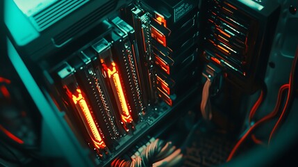 Glowing RAM inside computer case, tech background, data center, server room, website use