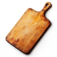 Rustic wooden cutting board with handle, isolated on white background. (1)