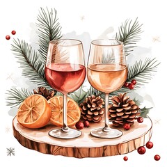 Wall Mural - Festive Watercolor Illustration of Two Glasses of Wine with Oranges and Pine Cones on Wooden Slice.