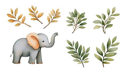 cute cartoon elephant surrounded by various green and golden leaves, ideal for children's illustrati