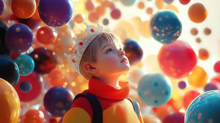 Wall Mural - Young boy wearing a crown looks up amidst floating colorful spheres.