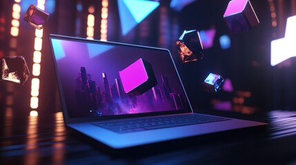 Wall Mural - neon cityscape on laptop screen with holographic cubes