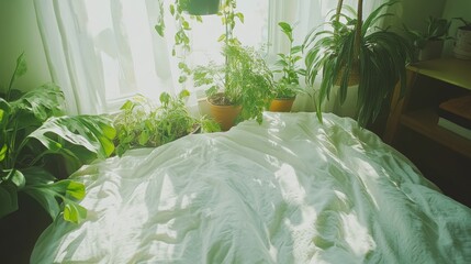 Wall Mural - Cozy Indoor Space with Plants and Soft Bedding in Natural Light