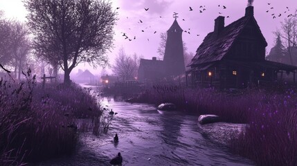 Wall Mural - Serene Twilight Landscape with Waterway, Cottage, and Birds