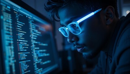 Focused young male programmer intensely coding late at night, illuminated by a glowing screen and blue light glasses.