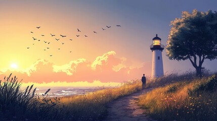 Wall Mural - Coastal Pathway Leading to a Serene Lighthouse at Sunset