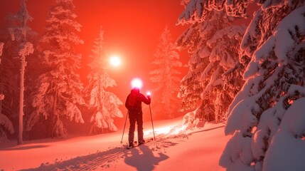 Cross-country skier at night in a snow-covered forest illuminated by a red light.