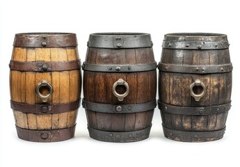 Three antique wooden barrels with metal bands and spigots, showing varying degrees of wear and discoloration.