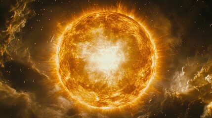 Wall Mural - Radiant Sun Illuminating Cosmic Clouds and Stellar Backdrop