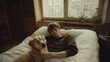 © wiwat apisithpinyo - Young Person Relaxing in Bed with Dog in Cozy Room Interior