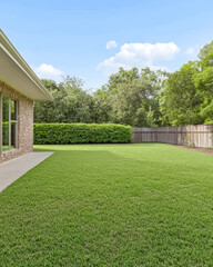 Wall Mural - Lush green backyard with manicured lawn and clear blue sky on a sunny day