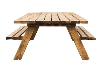 Wooden picnic table with benches isolated on white background.