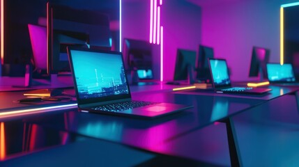 Wall Mural - neon nights: a cyberpunk workstation