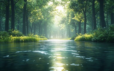 Canvas Print - Sunlit stream flows through a lush green forest.