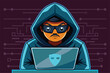 © Iftikhar alam - A hacker focuses on their laptop, surrounded by a vibrant, tech-inspired digital backdrop Hacker Customizable Cartoon Illustration