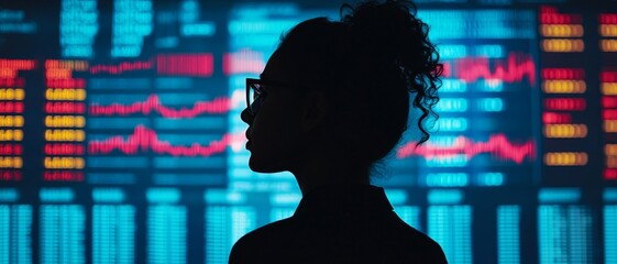 Wall Mural - Retail investment accessibility. Silhouette of a woman against a vibrant financial data display.