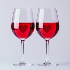 Wall Mural - Romantic connection concept. Two glasses of red wine with heart patterns inside.