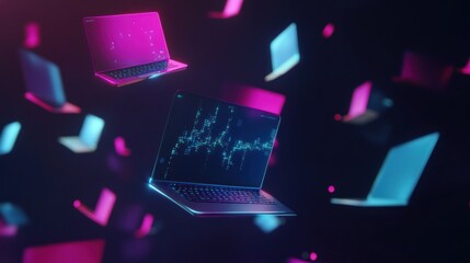 Wall Mural - neon laptops floating in cyberspace: a digital network visualization