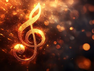 Wall Mural - fiery glowing treble clef: sparkling music note in a dark, romantic setting