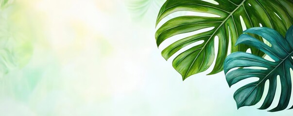 Wall Mural - Summer watercolor idea. Vibrant green monstera leaves against a soft, dreamy background for a fresh aesthetic.