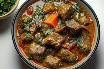 Wall Mural - Delicious lamb, spinach, and tomato stew simmering in bowl