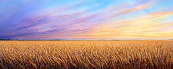 Poster - Summer watercolor idea. Vibrant sunset over a golden wheat field, showcasing nature's beauty and tranquility.