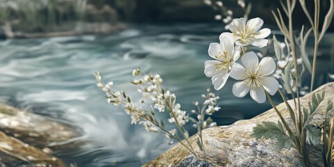 Wall Mural - Delicate white wildflowers bloom by a tranquil river, positioned on a sunlit rock with lush greenery, capturing serene nature's beauty.